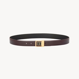 Saint Laurent red tan leather belt with square gold-tone buckle, reversible black and burgundy design