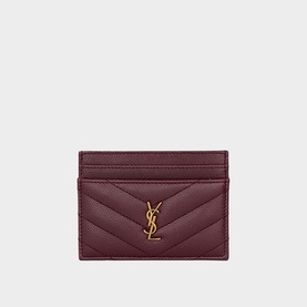 Saint Laurent hot wine quilted leather cardholder with gold-tone YSL monogram logo and multiple card slots.