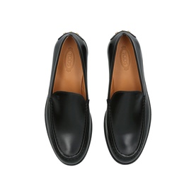 Black leather loafers with apron toe, tan leather insole, and black chunky sole, shown from above