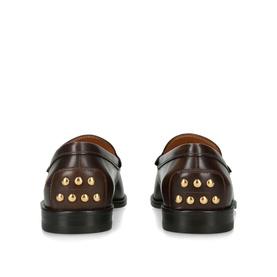Tod's brown leather loafers, rear view showing gold dome stud embellishment on heel counter and black sole