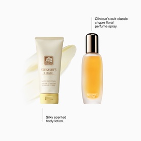 Clinique Aromatics Elixir Fragrance & Body Duo Gift Set featuring a chypre floral perfume spray and silky scented body lotion.