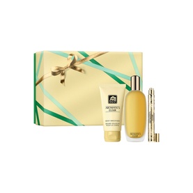 Clinique Aromatics Elixir Fragrance Gift Set with EDP spray, body smoothing lotion, and rollerball in gold gift box with green ribbon