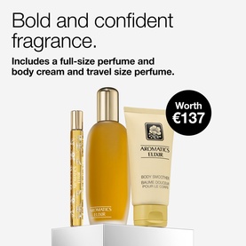 Clinique Aromatics Elixir Fragrance Gift Set with full-size perfume, body cream, and travel-size perfume in gold tones