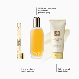 Clinique Aromatics Elixir Fragrance Gift Set featuring eau de parfum spray, travel rollerball, and silky scented body lotion