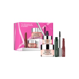 Clinique Everyday Glow Skincare & Makeup Gift Set with moisturiser, mascara, and eyeliner, in pink gift box