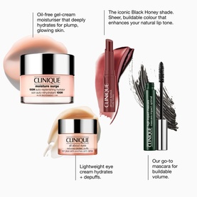 Clinique Everyday Glow Skincare & Makeup Gift Set featuring moisturiser, eye cream, lip liner in Black Honey, and volumising mascara