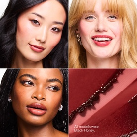 Clinique Everyday Glow Skincare & Makeup Gift Set shown on three models wearing Black Honey lip shade, with swatch detail