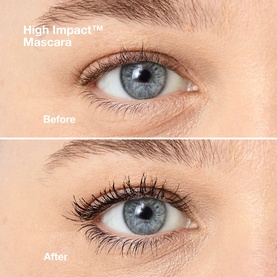 Clinique High Impact Mascara before and after close-up showing lashes with added length, volume, and curl after application.