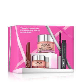 Clinique Everyday Glow Skincare & Makeup Gift Set in pink box, including moisturiser, eye cream, lipstick and mascara
