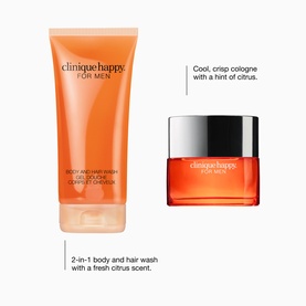 Clinique Happy For Men Fragrance Gift Set 50ML, featuring orange cologne jar and 2-in-1 body and hair wash tube with citrus scent notes