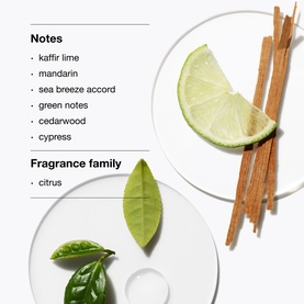 Clinique Happy For Men fragrance notes display: kaffir lime, mandarin, cedarwood and cypress ingredients on white circular surfaces