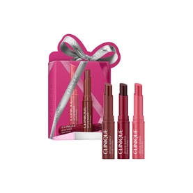 Clinique Almost Lipstick Honey Shades Makeup Gift Set with three lip products in berry and pink shades, presented in a pink gift box with bow.