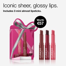 Clinique Almost Lipstick Honey Shades Makeup Gift Set with 3 mini lipsticks in berry and nude shades, pink gift box with bow