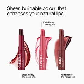 Clinique Almost Lipstick Honey Shades Gift Set showing Black Honey, Pink Honey, and Nude Honey shades with colour swatches