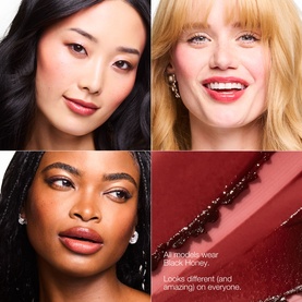 Three models wearing Clinique Almost Lipstick Black Honey shade, showing how the colour adapts to different skin tones.