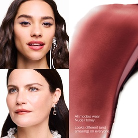 Clinique Almost Lipstick Honey Shades Gift Set shown on two models wearing Nude Honey lip shade, with a swatch detail