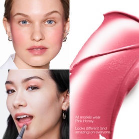 Clinique Almost Lipstick Honey Shades Gift Set shown on two models wearing Pink Honey shade, with a glossy pink lip swatch