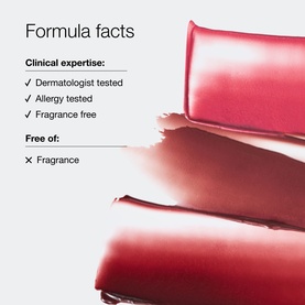Clinique Almost Lipstick Honey Shades Makeup Gift Set formula facts card showing dermatologist-tested, allergy-tested, fragrance-free claims with red