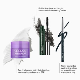 Clinique High Impact Lash & Liner Makeup Gift Set featuring mascara, eyeliner pencil, and Take The Day Off cleansing balm on white background.