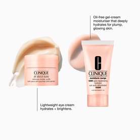 Clinique Moisture Surge Hydration & Eye Care Travel Gift Set featuring gel-cream moisturiser and eye cream with product texture swatches