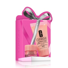 Clinique Moisture Surge Hydration & Eye Care Travel Gift Set in pink gift box with moisturiser and eye cream