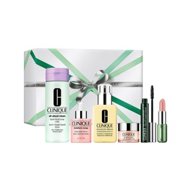 Clinique Complete Skincare & Makeup Routine Gift Set with cleanser, toner, moisturiser, mascara and lipstick in gift box