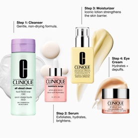 Clinique Complete Skincare & Makeup Routine Gift Set featuring cleanser, serum, moisturiser and eye cream with step-by-step guide