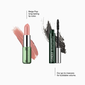 Clinique Complete Skincare & Makeup Routine Gift Set featuring Beige Pop lipstick in green case and buildable volume mascara with brush swatch