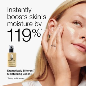 Clinique Dramatically Different Moisturising Lotion+ campaign image showing model applying product, with 119% moisture boost claim