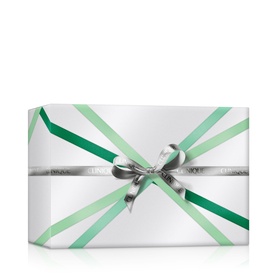 Clinique Complete Skincare & Makeup Routine Gift Set in white gift box with green and silver ribbon bow