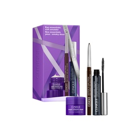 Clinique Long-Wear Mascara & Liner Makeup Gift Set with mascara, eyeliners, and eye cream in purple gift box