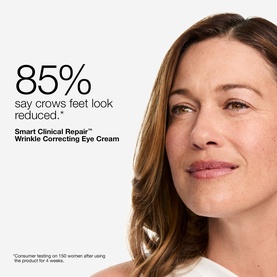 Clinique Smart Clinical Repair Wrinkle Correcting Eye Cream lifestyle shot showing 85% of women saw crows feet look reduced claim.