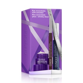 Clinique Long-Wear Mascara & Liner Makeup Gift Set in purple box with mascara, liner, and eye cream products displayed.