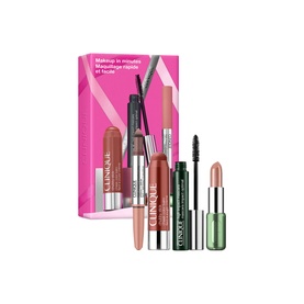 Clinique Quick Glow Makeup Routine Gift Set with mascara, lip liner, lipstick and highlighter, in pink branded box