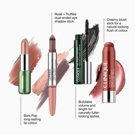 Clinique Quick Glow Makeup Routine Gift Set featuring dual-ended eyeshadow stick, mascara, blush stick, and lip colour with shade swatches