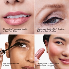 Clinique Quick Glow Makeup Routine Gift Set: four models showcasing lipstick, eyeshadow, mascara, and cheek balm looks