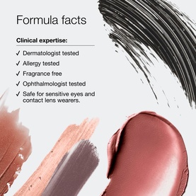 Clinique Quick Glow Makeup Routine Gift Set formula facts card with mascara swatch and nude lip colour smears, dermatologist and allergy tested.