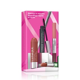 Clinique Quick Glow Makeup Routine Gift Set in pink box, featuring mascara, lip gloss and chubby stick products