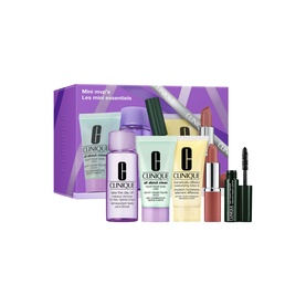 Clinique Daily Skincare & Makeup Travel Gift Set with micellar water, moisturiser, lip colour, and mascara minis in purple gift box