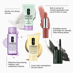 Clinique Daily Skincare & Makeup Travel Gift Set featuring moisturiser, makeup remover, lotion, mascara and lip colour with benefit callouts