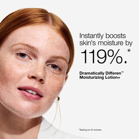 Clinique Dramatically Different Moisturising Lotion+ campaign image showing close-up of model with freckled skin and a moisture boost claim of 119%.