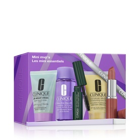 Clinique Daily Skincare & Makeup Travel Gift Set with mini cleanser, eye makeup remover, mascara, moisturiser and lipstick in purple gift box