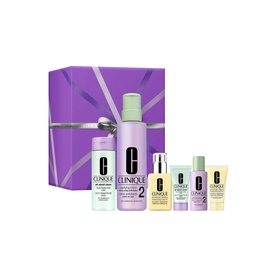 Clinique 3-Step Hydration Skincare Gift Set for Dry Combination Skin, six-piece collection in purple gift box