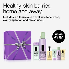 Clinique 3-Step Hydration Skincare Gift Set for Dry Combination Skin, purple gift box with full-size and travel-size face wash, lotion and moisturiser
