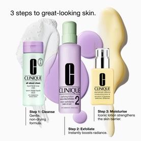 Clinique 3-Step Hydration Skincare Gift Set for Dry Combination Skin showing cleanser, exfoliating lotion, and moisturiser with 3-step routine guide