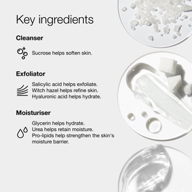 Clinique 3-Step Hydration Skincare Gift Set key ingredients chart showing cleanser, exfoliator, and moisturiser with texture close-ups