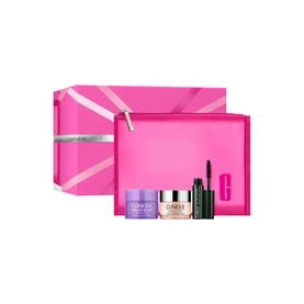 Clinique Eye Care & Makeup Essentials Gift Set with pink cosmetic bag, two eye creams and mascara miniatures