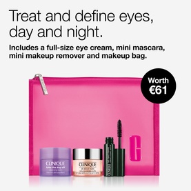 Clinique Eye Care & Makeup Essentials Gift Set with eye cream, mini mascara, makeup remover, and pink makeup bag. Worth &euro;61.