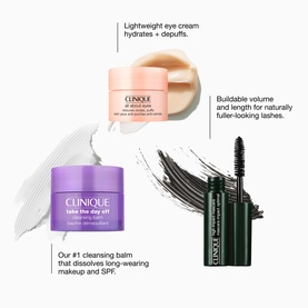 Clinique Eye Care & Makeup Essentials Gift Set featuring eye cream, cleansing balm, and mascara with product callouts