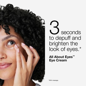 Model applying Clinique All About Eyes Eye Cream under eye area, with text highlighting 3 seconds to depuff and brighten eyes.
